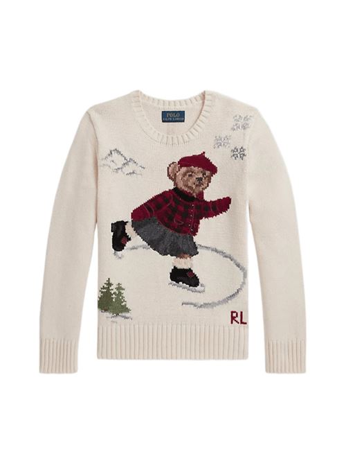 Maglia da bambina in puro cotone, girocollo, BEAR, colore bianco. POLO RALPH LAUREN | 312980680001